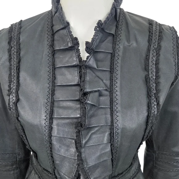 Vintage Y2K Black Leather Jacket Womens Small Ruffle Whimsygoth Romance Coquette - Picture 2 of 12